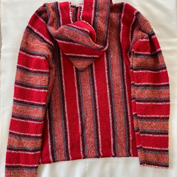 Vintage Mexican Baja Blanket Drug Rug Hoodie Red Blue Surfer Skater Poncho S M - Picture 6 of 11
